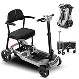SCOOTNGO 4 Wheel Mobility Scooter for Adults & Seniors Electric Powered Lightweight Foldable 8 KMH Speed 24KM Range Two Removable Batteries Airline Approved (Silver Grey, with Collapsible Wagon)