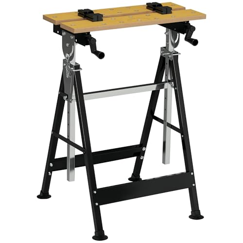 HOMCOM Banco de Trabajo Ajustable en Altura con 4 Clavijas Giratorias Tableros Ajustables en Ángulo y Distancia 65x57x85-114 cm Madera Natural y Negro