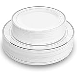 Aya's 100 Silver Rimmed Disposable Dinner and Dessert Plates Set - 50 Large and 50 Small Heavy Duty Plastic Plates - Elegant Design for Weddings, Parties, Events - Durable and Stylish