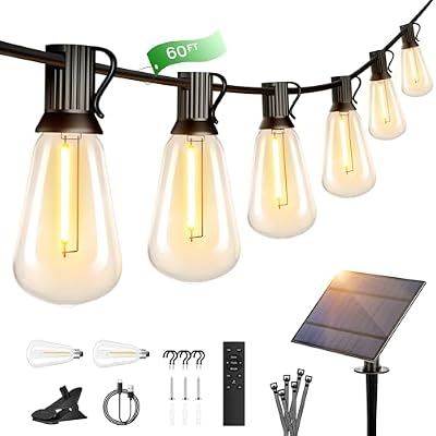 OHLUX 60FT Solar Globe String Lights Outdoor, Shatterproof Solar Patio Lights with Remote, 27 Dimmable ST38 LED Filament Bulbs, 2200K Soft Warm White Edison Hanging Light for Outside Canopy Deck