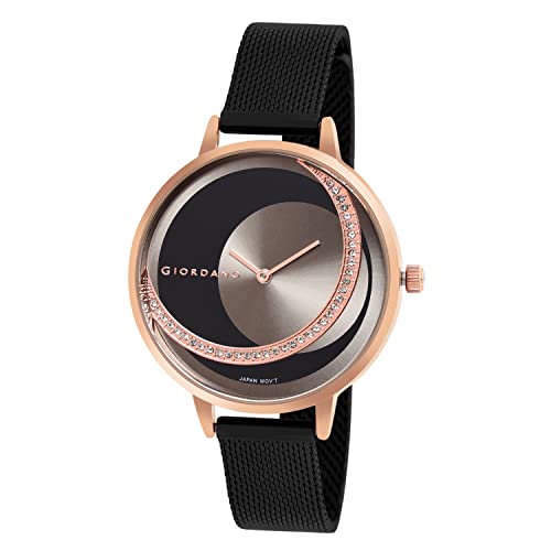 Image of Giordano Black Analogue Watch for Women with Rose Gold Case and Black Stylish Mesh Band Ladies Wrist Watch with Studds on Dial to Complement Your Party Look, Gift for Women
