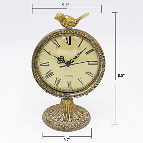 Funly Mee Vintage Pewter Table Clock With Cute Bird,Antique Gold #TOP3
