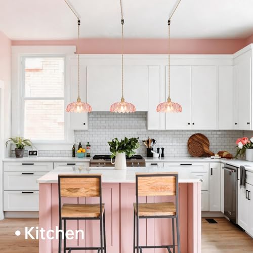 Image of Shenmoyl Plug in Pendant Light Hanging Light Fixtures with Plugin Cord On /Off Switch,Pink Scindapsus Glass Lampshade Brass Pendant Light