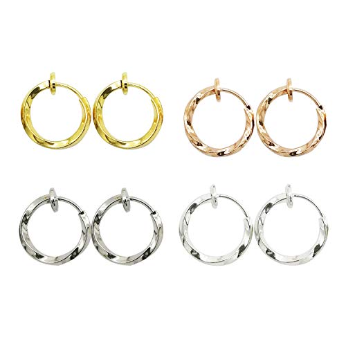 LAXPICOL Twisted Clip On Earrings 4PCS Different Color Gold Silver Black Rose 0.51IN/0.59IN/0.70IN/0.78IN Stainless Hoop Earrings Clip On Earrings for Women No Piercing