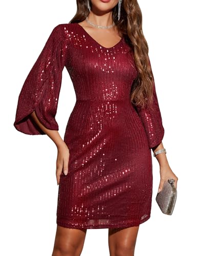 Image of Dressystar Sequin Dress for Women 2026 Sparkly Formal V Neck Long Slit Sleeves Glitter Bodycon Cocktail Party Prom Dresses