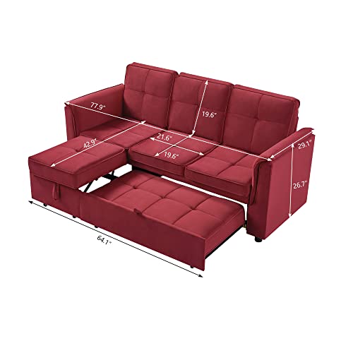 Nosga Pull-Out Sofa, 3 Seater Large Sofa Reversible Sectional Couch Sofa With 2 Pull-Out Sleeper Lounges, Sectional L Shaped Sleeper Sofa Bed Velvet Sofa For Living Room And Office, Wine Red #TOP1