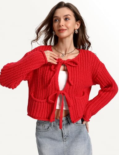 Image of Yimoon Womens Tie Front Chunky Cardigan Sweater Cropped Long Sleeve Open Front Cardigan Knit Trendy Sweater Tops (Red-M)