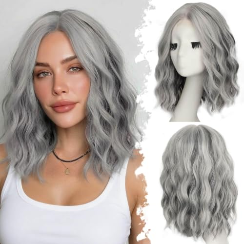 Image of Eawwii Wigs for Women Salt Pepper Grey,Short Wavy Synthetic Lace Wig