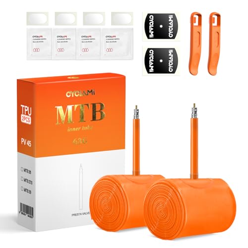 CYCLAMI 2 Pack 29'' TPU Bike Inner Tube Ultralight Mountain Bicycle Tire Compatible with 29'' x 1.9/2.0/2.1/2.2/2.3/2.4/2.5 Presta Valve 1.77''/45mm for MTB (4*Tire Patch Repair Kit ＆ 2*Tire Levers)