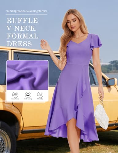 Image of HomRain V Neck Formal Wedding Guest Dresses for Women Ruffle Sleeves for Cocktail Graduation Modest Dress