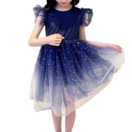 HEOXIN Niñas de Verano de Estrellas Gradiente de Malla Vestido de Tul, Manga con Volantes A-Line Princesa Puffy Vestidos, Cuello Redondo Swing Vestido Holiay Fiesta para 4-5 Años, Azul