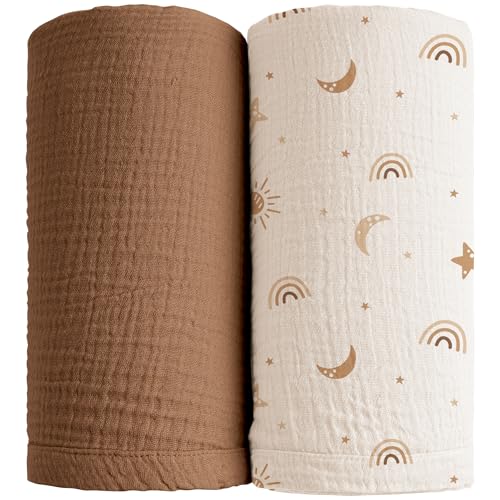 Konssy Muslin Swaddle Blankets for Girls Boys, 2 Pack Receiving B...