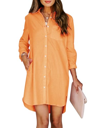 Image of Aoudery Womens Button Down Shirt Dresses with Pockets Cotton Button Up Tunics Long Sleeve Solid High Low Blouse Tops-Orange Yellow-L