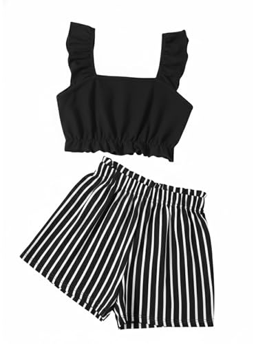 Image of Girl's Summer Clothing Sets Knit Ruffle Striped T-Shirt and Shorts 2 Piece Outfits