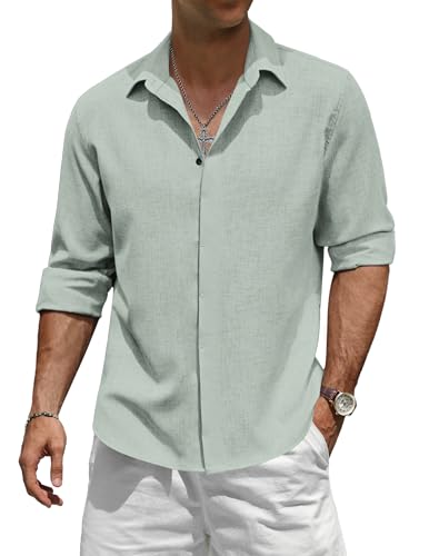 TARAINYA Chemise Homme Lin éTé Manches Longues Casual Regular Fit Boutons Cachés Décontractée Vert 2XL