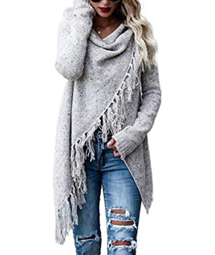 Image of Sexyshine Women's Casual Fall Knit Long Sleeve Tassels Irregular Loose Cardigan Pullover Striped Sweater Poncho
