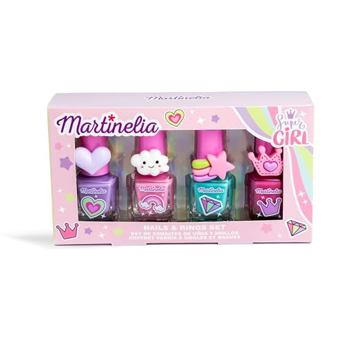 MARTINELIA - Set Manucure Enfant - Coffret de 4 Vernis à Ongles à Base d'Eau Pour Enfants - 4 Vernis à Ongles et Bagues Pour Fille - Sans Produit Toxique - Coffret Cadeau Fille
