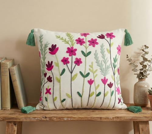 Image of Furnistitchs Handmade Cotton Bohemian Home Decor Cushion Cover 24x24 inches / 60x60 cms - Boho Chic Couch Sofa Throw Living Room Bedroom Cushions (1, Wildflowers)