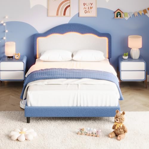 Image of GarveeHome Bed Frame with LED Headboard for Kids, Sherpa Upholstered Platform Bed Frame with Wood Slat Support, No Box Spring Required, Easy to Assemble (Blue, Twin)