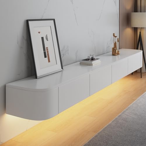 Coubird Floating TV Stand Cabinet wall mounted White Floating tv Shelves with LED light & Doors & Drawer Modern Media Entertainment TV Console Storage TV Unit for Living Room (220cm/86in)