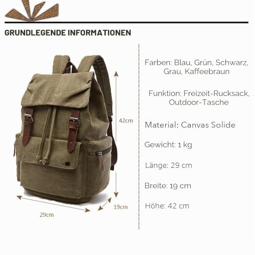 Rufun Leinwand Rucksack Jahrgang für Laptop Tagesrucksack Wandern Reisen Große Kapazität Tasche Unisex (Grün)