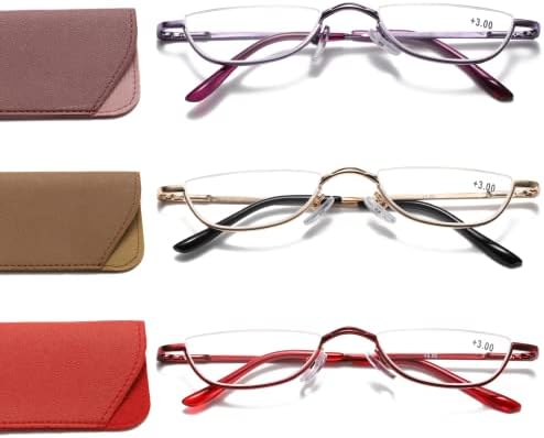 Half Frame Reading Glasses for Women Men, Slim Half Moon Metal Semi Rimless