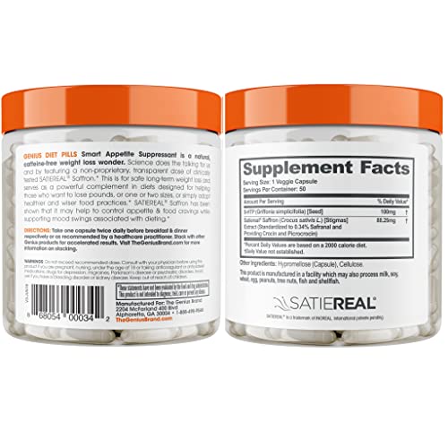 Genius Diet Pills For Weight Los Support, 50 Veggie Capsules - The Smart Appetite Suppressant For Women & Men - Natural 5-Htp & Saffron Supplement - Cortisol Manager & Thyroid Support #TOP3