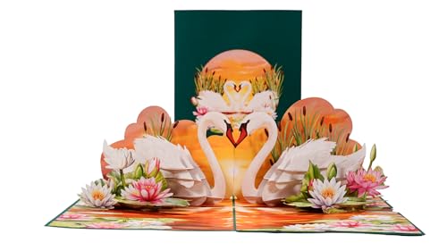 Carte pop-up 3D couple de cygnes avec étiquette vierge pour écrire un message d'amour personnalisé