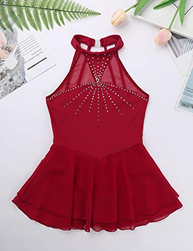 Iiniim Girls Rhinestones Mock-Neck Figure Ice Skating Dress Gymnastic Ballet Dance Leotard Competition Costumes Burgundy 10 #TOP2