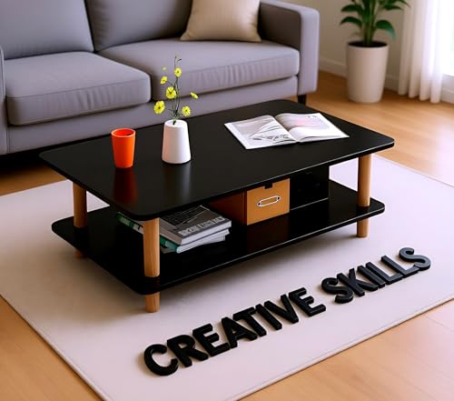 Image of Coffee Table - Rectangle Center Table for Living Room | Engineered Wood Tea Table with Storage | Stylish Teapoy Table for Hall, Lounge, and Office (Black)