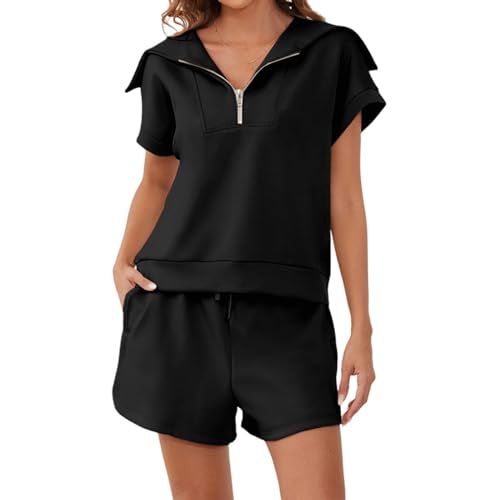 Women 2 Piece Outfits Sweatsuit Set Zip Lapel Collar Short Sleeve Sweatshirt Wide Leg Shorts Tracksuit Sets