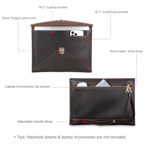 Image of CONTACTS Full Grain Leather 14.2 inch Laptop Sleeve with Lock Slim Briefcase Laptop Case 14.6 inchx 10.6 inch Document Bag Mens Envelope Bag