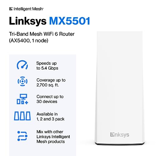 Image of Linksys Atlas Pro 6 WiFi Router - AX5400 WiFi 6 Router - Dual-Band Mesh WiFi System - WiFi 6 Mesh Routers - WiFi Mesh Wireless Router - Connect 30+ Devices, 2,700 sq ft, MX5501-1 Pack,White
