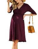 KOJOOIN Damen Umstandskleid Stillkleid V-Ausschnitt 3/4 Ärmel Schwangere Kleider mit Rüschen Schwangerschaftskleid Umstandsmode (Verpackung MEHRWEG), A-Lila, M