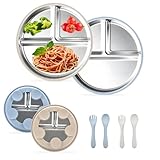 Edelstahl Teller Baby mit Saugnapf, 2 Stück Edelstahl Babyteller mit Saugnapf Trennsauge, Kindergeschirr Sturzfeste Abnehmbare, Rutschfeste Silikonhülle Ohne BPA mit 2 Löffeln für Babyfutterung