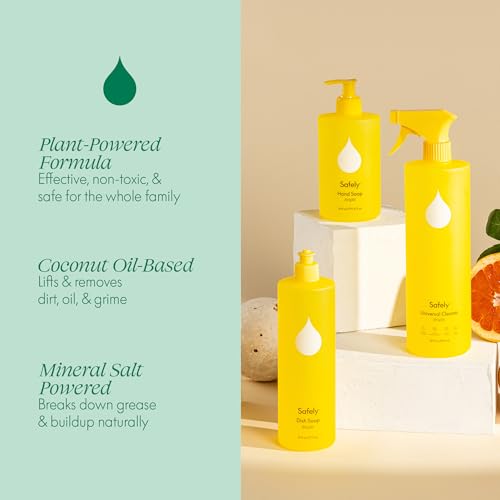 Image of Safely Kitchen Cleansing Essentials Kit-Universal Cleaner 20 Fl Oz, Hand Soap 12 Fl Oz & Dish Soap 16 Fl Oz, Gentle & Safe for Skin, Removes Dirt, Grease & Impurities, Bright Grapefruit & Cassis Scent