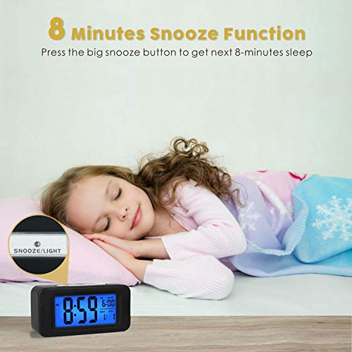 Digital Alarm Clocks - Plumeet Kids Clock Light Up All Night, 4'' LCD Display Showing Time Alarm Date - Bedside Clocks with Snooze for Bedroom Kitchen Office Battery Operated (Black)