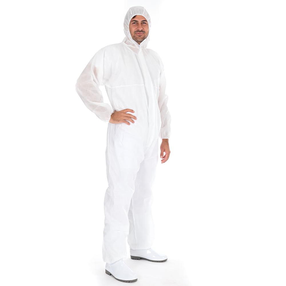 FRANZ MENSCH 50 Stück Hygostar Overalls Typ 5+6 | SMS, weiß, XXL, Einweg Overall, Hygienebekleidung, Chemikalienschutzanzug