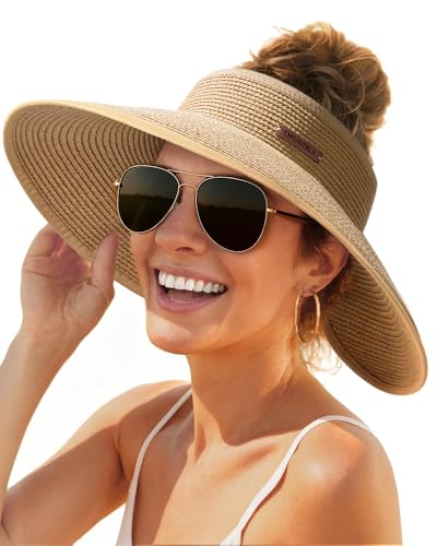FURTALK Sun Hats for Women Wide Brim Beach Hat Straw Visor Ponytail Summer UV Packable Foldable...