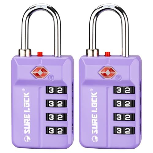 Sure Lock TSA-Approved 4-Digit Resettable Combination Luggage Lock with Open Alert, Easy-Read Dials - for Luggage, School Lockers, Gym, Office, Toolbox & Security Cases (Purple 2 Pack)