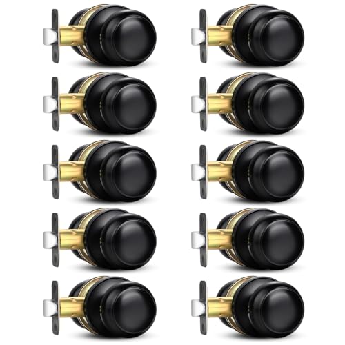 10 Pack Passage Door Knobs, Black Round Keyless Doorknobs Interior Lockset
