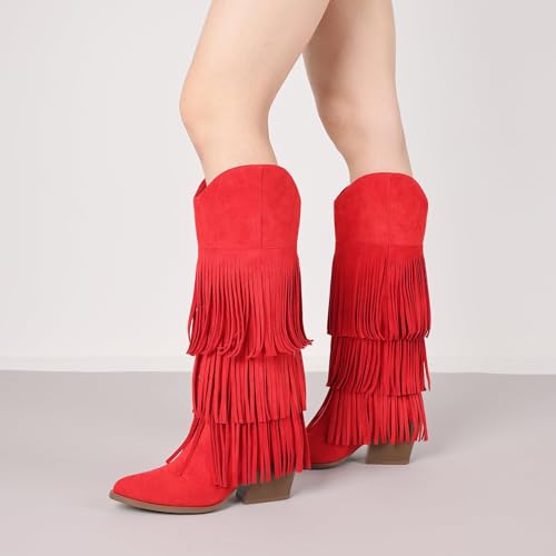 Image of Cowgirl Boots for Women Retro Pointed Toe Pull On Block Chunky Heel Embroide Tassel Country Concert Outfits Mid Calf Western Fringe Cowboy Boots