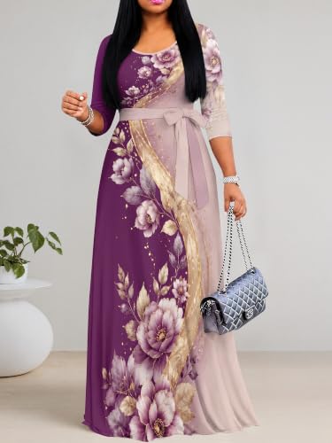 Image of Women's V Neck Floral Maxi Dress 3 /4 Sleeve Plus Size Boho Wrap Flowy Long Dresses with Belt