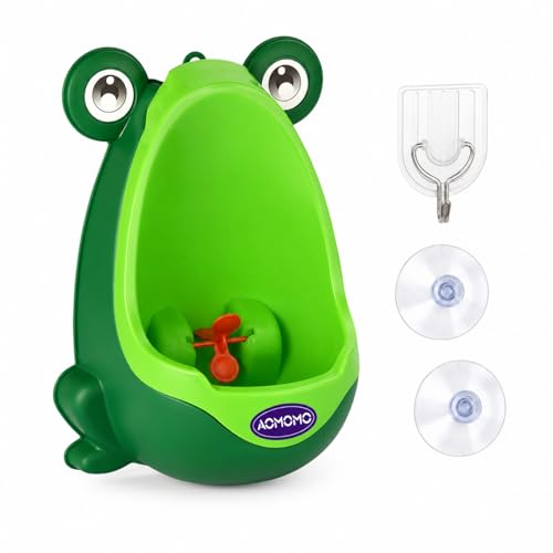 Frog Pee Training Urinal, Frog Potty Training Urinal for Toddler Boys with Spinning Target, Wall Mounted Boys Pee Trainer with Hook, Green