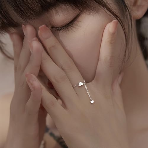 Heart Chain Promise Engagement Ring for Women 925 Silver Plated Adjustable Cute Love Charms Drop Statement Expandable Finger Rings Comfort Fit Fashion Chic Jewelry Gift3