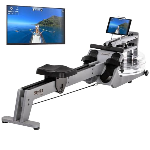 Skandika Wasserrudergerät Styrke Premium | Made in Germany, Rudergerät Wasser aus Holz, Kinomap App-Funktion, Rudermaschine für Zuhause, Esche aus Deutschland, farbig geölt in Silber grau, bis 180 kg