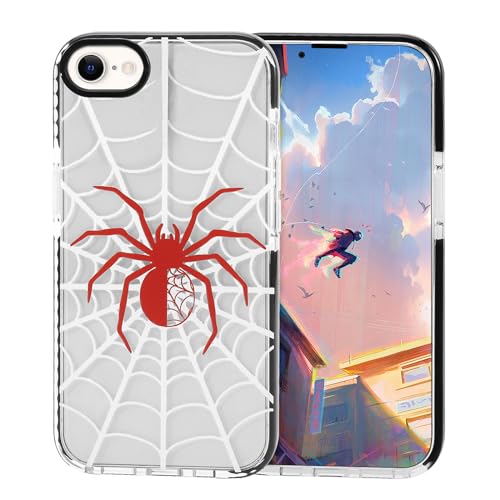 Yebowe Compatible with iPhone 7/8/SE Case, Cool Spider Web Print Design for Women Girls Boys Men Gift, Clear Cute Anime Style Bumper Shockproof Protective Phone Cover, Red
