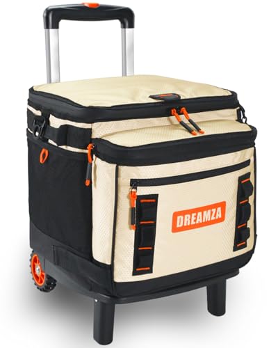 Dreamza Soft Cooler with Wheels, 60-Can Wheeled Cooler with Handle, Leak Proof Rolling Cooler Insulated Bag with All-Terrain Cart, Collapsible Rolling Ice Chest for Beach Picnic Camping Grocery
