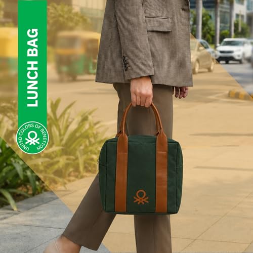 Image of United Colors of Benetton Lunch Bag for Women & Men, Insulated Bag, Tiffin Lunch Bag for Office /College /School, Bottle Holder, Lightweight, Durable Handles, Multiple Pockets (Dark Green)