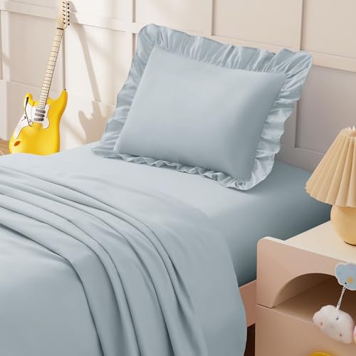 Image of KKJIAF 3 Piece Toddler Sheet Set Microfiber, Includes a Flat Sheet, a Fitted Sheet and a Ruffle Pillowcase, Dusty Blue